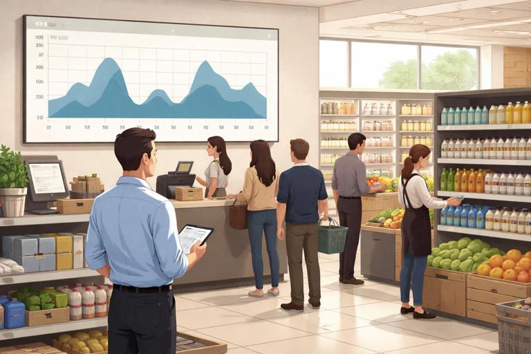 Ilustração em estilo editorial corporativo: interior de loja de varejo com painel de dashboard mostrando vendas por hora (picos e vales), gerente observando fila no caixa e equipe reposicionando produtos; cores neutras, luz natural, sem texto legível, alta resolução.