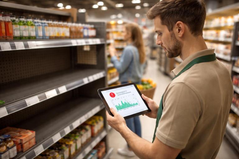 Cena realista de varejo: prateleira com espaço vazio e etiqueta de produto, cliente procurando item, funcionário consultando tablet com alerta de ruptura e gráfico simples de estoque; estilo fotográfico, iluminação suave, sem marcas, sem texto legível.