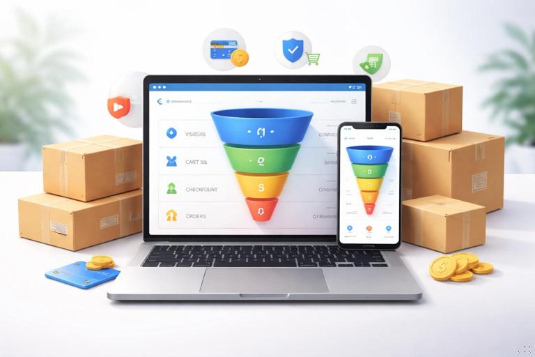 Ilustração realista de e-commerce: tela de notebook e smartphone com funil de conversão (visitas, carrinho, checkout, pedidos) em um dashboard, caixas de entrega ao lado e ícones de pagamento; estilo clean, sem marcas, sem texto legível, alta definição.