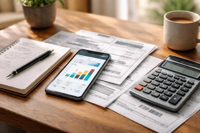 Ilustração de finanças para microempreendedor: mesa simples com caderno, celular com app de fluxo de caixa e gráfico de projeção 7/15/30 dias, calculadora e boletos; estilo fotográfico realista, iluminação natural, sem texto legível, sem marcas.