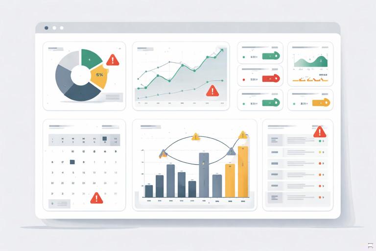 Ilustração em estilo vetorial moderno de um dashboard de BI com números aparentemente corretos, mas com sinais discretos de alerta e inconsistências (camadas desalinhadas, calendário incompleto, setas de relacionamento confusas), paleta sóbria, fundo claro, sem texto legível.