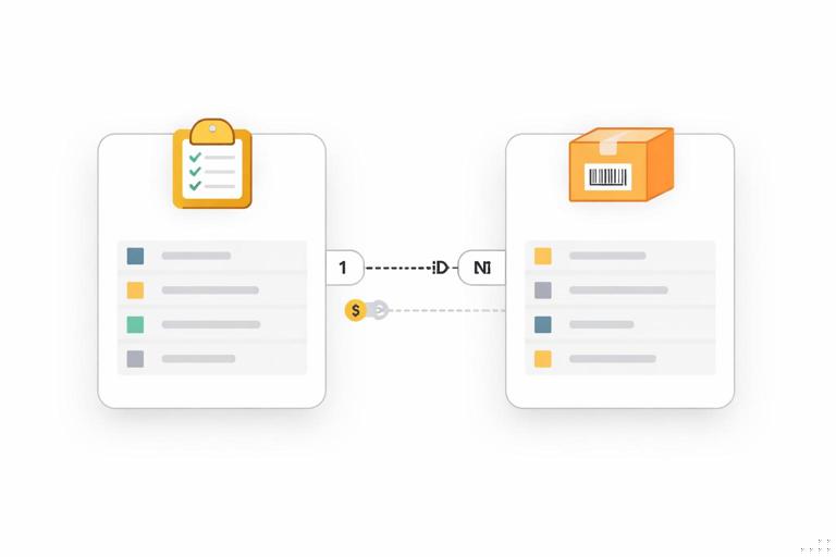 Diagrama simples de modelo de dados estilo Power BI mostrando uma tabela Pedidos (1) relacionada a Vendas (N) por PedidoID, com ícones de item de pedido e produto, setas de relacionamento claras, fundo claro, estilo infográfico minimalista, sem texto legível.
