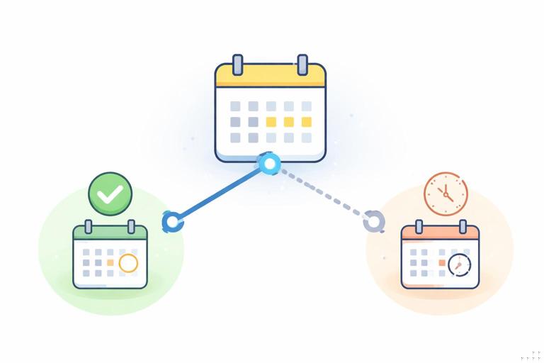 Ilustração infográfica de um calendário central conectado a duas datas diferentes (data de venda e data de pagamento) com uma conexão ativa e outra inativa, estilo diagrama Power BI, linhas e nós simples, cores suaves, fundo branco, sem texto legível.
