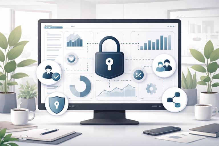 Ilustração em estilo corporativo moderno mostrando um dashboard de BI em uma tela com um cadeado e ícones de permissões, controle de acesso e compartilhamento seguro, ambiente de escritório, cores neutras, sem textos legíveis