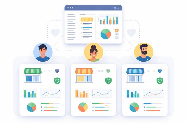 Diagrama simples e moderno mostrando três usuários com acesso ao mesmo relatório, mas cada um vendo apenas sua loja, com filtros por unidade, ícones de escudo e linhas separando dados, estilo infográfico, sem textos legíveis