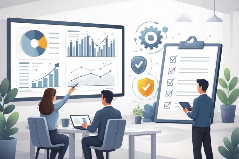 Ilustração em estilo corporativo moderno mostrando uma pequena equipe acompanhando um painel de BI em uma tela, com um checklist de manutenção e ícones de atualização, validação e evolução; ambiente de escritório simples, cores sóbrias, sem texto legível na imagem.