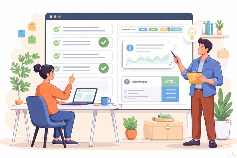 Ilustração de um dashboard sendo revisado: checklist de padronização, navegação com botões consistentes, tooltips informativos e uma página Como usar; ambiente de trabalho limpo, estilo flat editorial, sem textos legíveis, foco em usabilidade