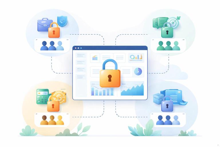 Ilustração de controle de acesso a dashboard: ícones de grupos (gestão, vendas, financeiro, estoque) com permissões diferentes e um painel com cadeado, estilo corporativo clean, cores suaves, sem textos legíveis