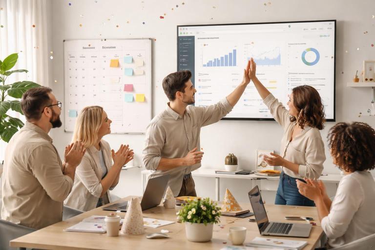 Cena de go-live em um pequeno negócio: equipe reunida em frente a uma tela com dashboard, calendário com rituais de reunião diária e semanal, sensação de lançamento oficial e rotina, estilo editorial clean, cores neutras, sem textos legíveis