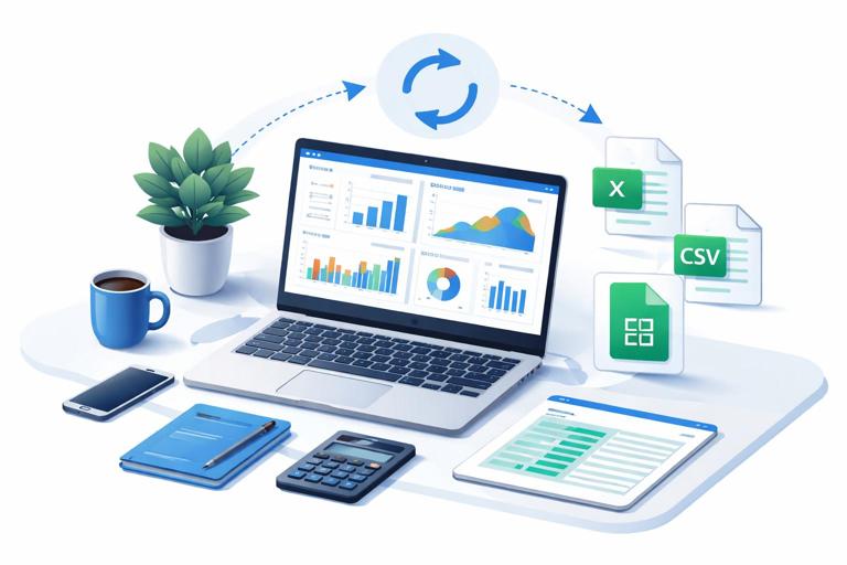 Ilustração em estilo isométrico e limpo de uma mesa de trabalho com notebook exibindo um dashboard do Power BI, ao lado ícones de arquivos Excel e CSV e uma planilha do Google Sheets, setas indicando importação e atualização automática, paleta profissional azul e branco, sem texto, alta resolução.
