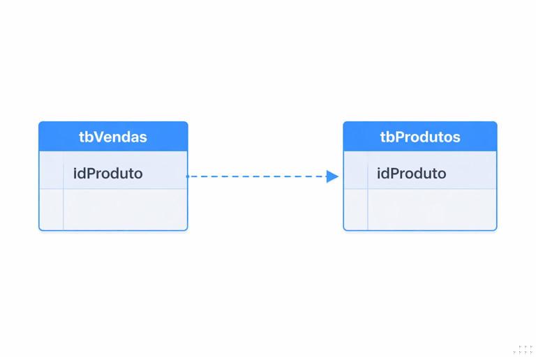 Diagrama simples e didático de modelagem de dados: uma tabela tbVendas ligada por IdProduto a uma tabela tbProdutos, estilo flat minimalista, cores azul e cinza, setas e relacionamentos visuais, sem texto adicional além dos nomes das tabelas e do campo IdProduto, alta resolução.