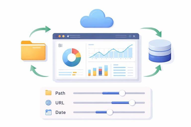 Ilustração em estilo flat corporativo mostrando um painel de BI com ícones de pasta, nuvem, banco de dados e um controle deslizante de parâmetros (caminho, URL, data), setas indicando importação e atualização, cores neutras, visual limpo e moderno