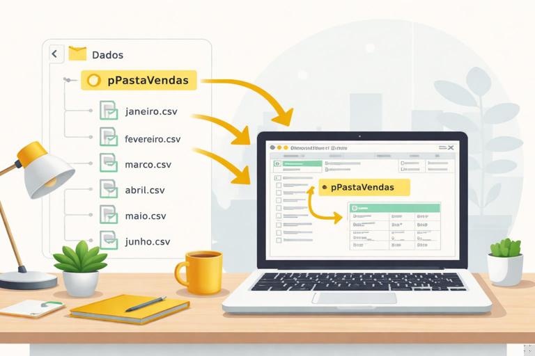 Cena de escritório minimalista com um notebook aberto no Power BI/Power Query, uma árvore de pastas com vários arquivos CSV e um campo de parâmetro chamado pPastaVendas destacado, setas indicando consolidação de arquivos, estilo flat moderno