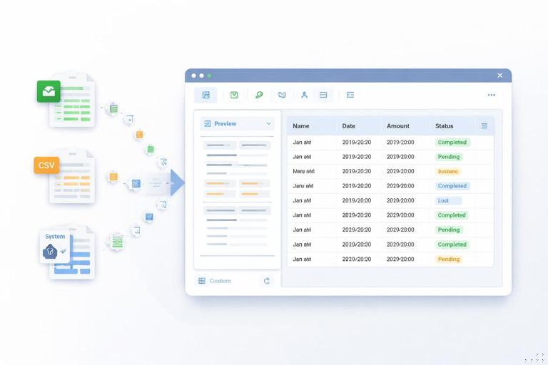Ilustração em estilo moderno e limpo mostrando um fluxo de transformação de dados: dados brutos entrando (planilha, CSV, exportação de sistema) e saindo como tabela organizada com colunas bem tipadas, sem sujeira, em uma interface parecida com Power Query; visual corporativo, cores suaves, sem logotipos, alta resolução.