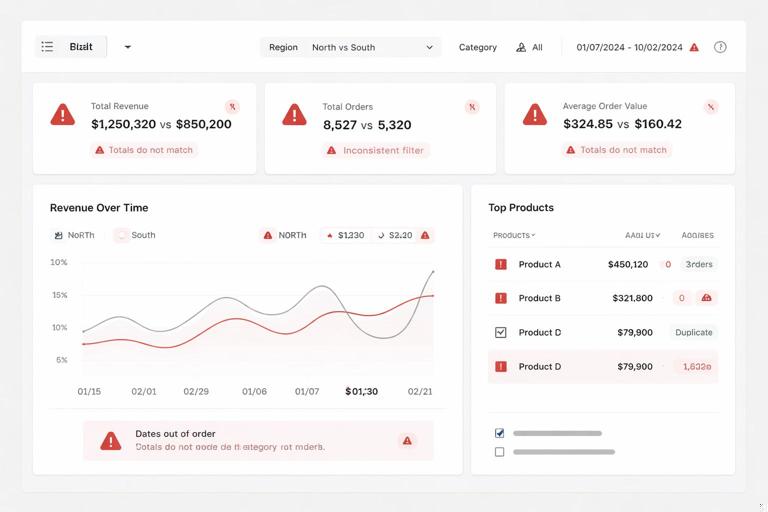 Dashboard corporativo com alertas visuais de erro: totais divergentes, filtros incoerentes e datas fora de ordem, causado por dados sujos; estilo flat, limpo, sem marcas, tons neutros com detalhes em vermelho para indicar problemas; alta resolução.