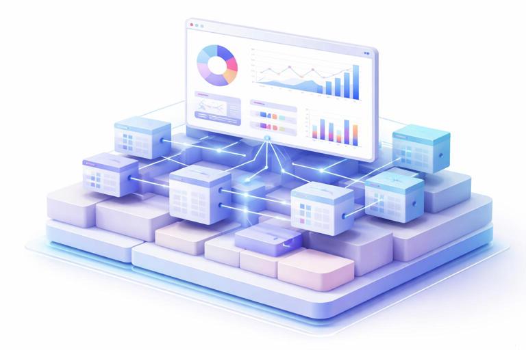 Ilustração em estilo isométrico e moderno de um painel de BI sobre uma base sólida: blocos de construção formando um modelo de dados, com tabelas conectadas por linhas e um dashboard acima; cores suaves, visual limpo, sem texto.