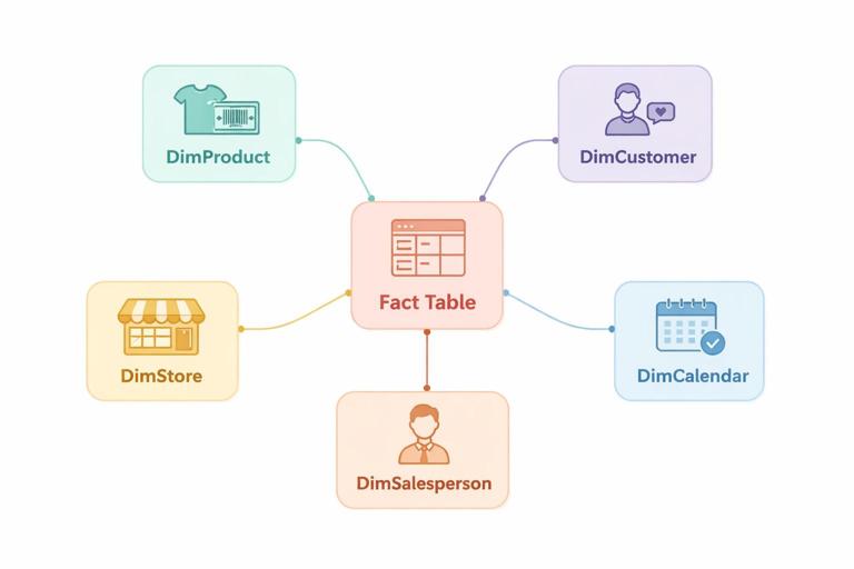Diagrama simples de modelo estrela para varejo: tabela fato FatoVendas no centro conectada a dimensões DimProduto, DimCliente, DimCalendario, DimLoja e DimVendedor; estilo flat, cores suaves, sem texto.