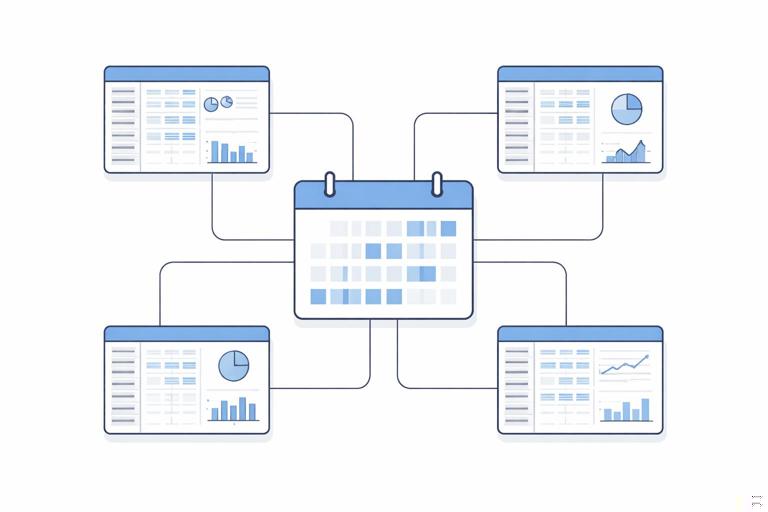 Ilustração minimalista de um calendário central conectando múltiplas tabelas de dados ao redor, com linhas finas e estilo flat; sem texto, paleta azul e cinza.