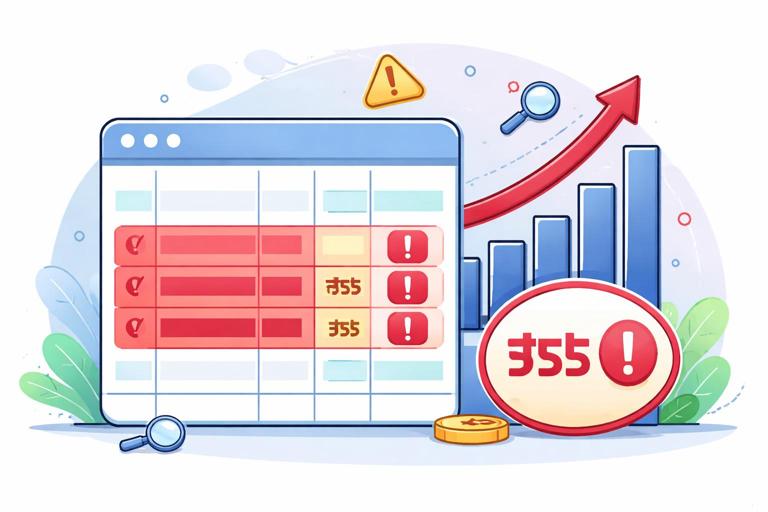 Ilustração conceitual de erro em dados: três linhas duplicadas em uma planilha com um total inflado em vermelho, ao lado de um gráfico subindo indevidamente; estilo flat, sem números legíveis, sem texto.