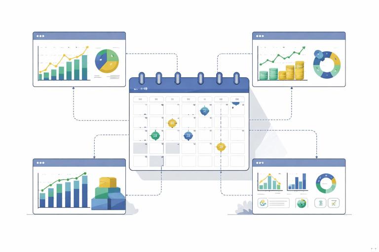 Ilustração estilo flat e profissional de um painel de análise no Power BI com um calendário central conectado a gráficos de vendas, caixa e estoque; linhas ligando datas a KPIs; aparência limpa, cores sóbrias, sem texto legível