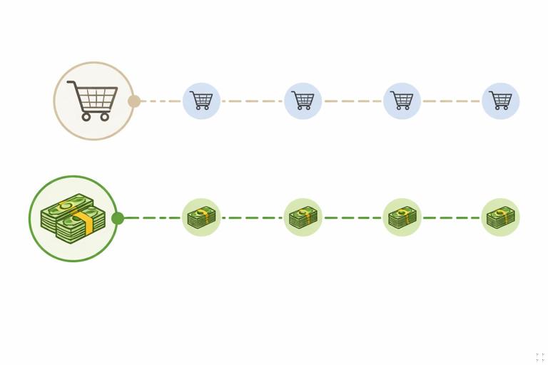 Ilustração conceitual de duas linhas do tempo paralelas: uma para venda (competência) e outra para recebimento (caixa), com ícones de carrinho e dinheiro; estilo infográfico simples, cores neutras, sem texto legível