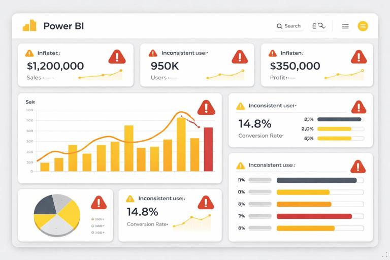 Ilustração em estilo flat e profissional de um dashboard do Power BI com alertas de erro: totais inflados, números inconsistentes e ícones de aviso em gráficos e cartões; cores neutras com detalhes em amarelo e vermelho; fundo claro; alta nitidez