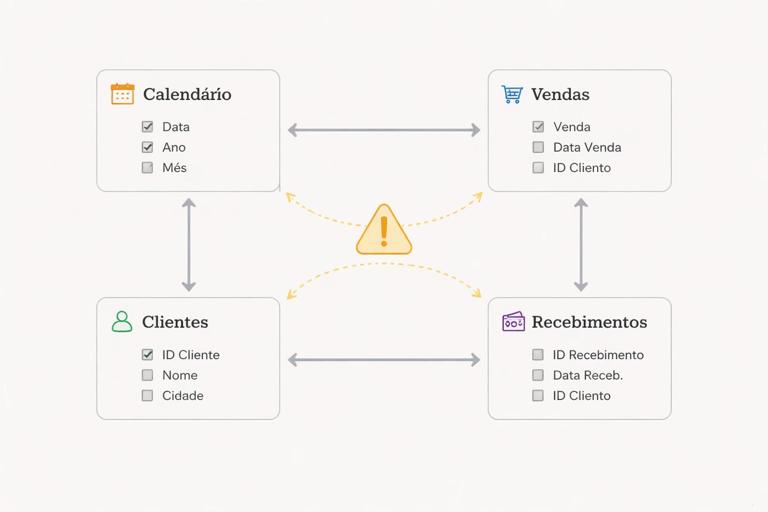 Diagrama de modelo de dados estilo Power BI mostrando tabelas Calendário, Vendas, Recebimentos e Clientes com setas de relacionamento formando um loop e um ícone de alerta de ambiguidade; visual limpo, fundo claro, linhas finas e cores discretas; alta resolução