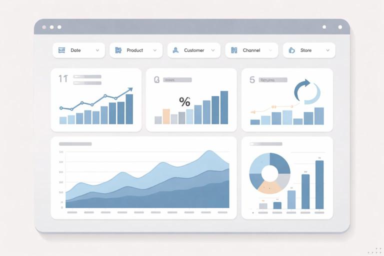 Ilustração em estilo flat e corporativo de um dashboard de BI com filtros (data, produto, cliente, canal, loja) e gráficos de faturamento, descontos e devoluções mudando conforme os filtros; cores neutras, visual limpo, sem texto legível, alta resolução