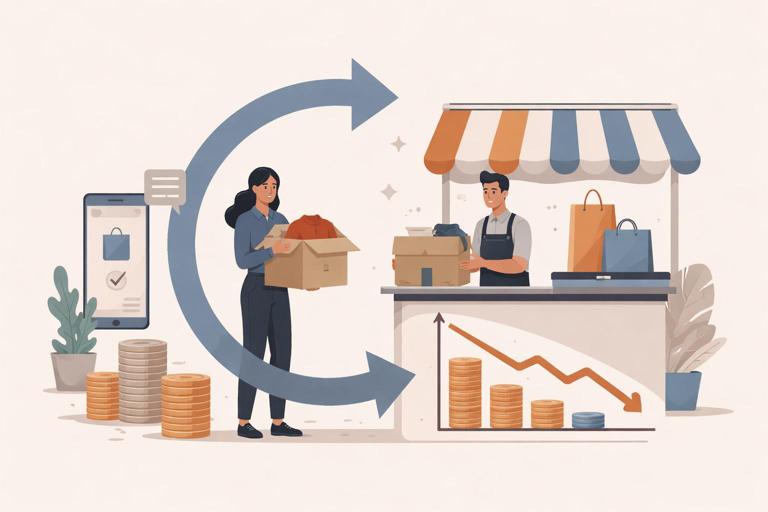 Cena corporativa de varejo mostrando um fluxo de devolução: seta retornando do cliente para a loja e um gráfico de receita diminuindo; estilo flat minimalista, cores sóbrias, sem texto legível, alta resolução