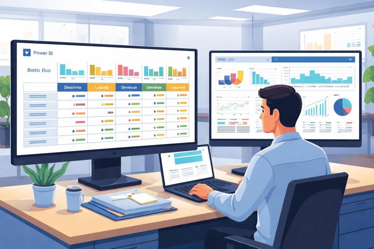 Ilustração de um analista olhando uma matriz no Power BI com colunas Bruto, Descontos, Líquido, Devoluções e Líquido final, e uma segunda tela com relatório de ERP para comparação; estilo flat moderno, ambiente de escritório, sem texto legível, alta resolução