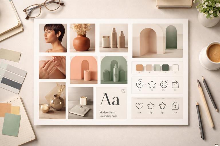 Editorial illustration showing a modular brand moodboard with photos and illustrations being cropped and treated consistently: a grid of images with consistent crop windows, subtle grain overlays, duotone layer samples, and icon stroke weight comparisons; clean design studio desk, neutral lighting, modern minimal aesthetic.