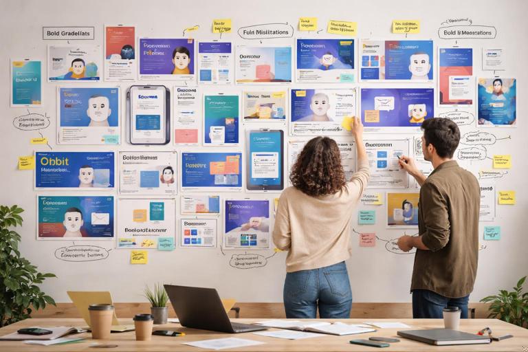 Design workshop scene with a large wall or canvas covered in 20–40 brand samples: app icons, social posts, presentation slides, banners, UI components; sticky notes and marker annotations highlighting repeating patterns; modern studio, neutral colors, high clarity, documentary photo style.