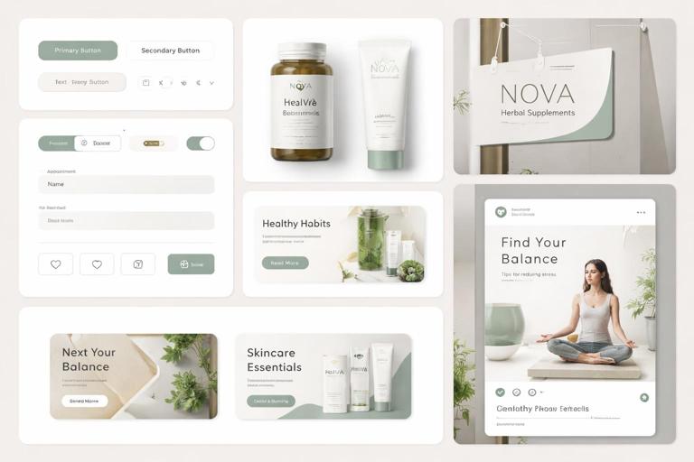 Calm modern health brand design system overview: modular UI components (buttons, cards) alongside packaging label, clinic signage, and social post mockups; consistent rounded corners, off-white backgrounds, one soft accent color; clean 12-column grid layout; minimal Scandinavian design aesthetic, high-resolution.