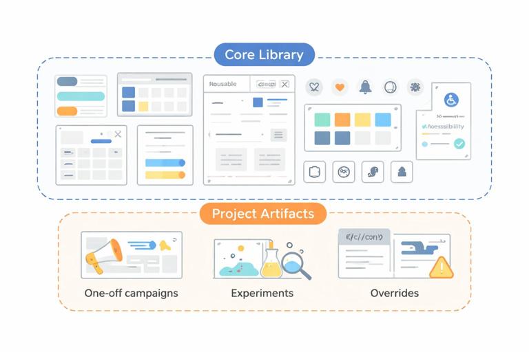 Illustration of a clean design system asset library boundary: two labeled zones, Core Library and Project Artifacts, with reusable components, templates, icons, and accessibility notes in the core zone, and one-off campaigns, experiments, and overrides outside; modern flat UI style, neutral colors, high clarity, no text small enough to read.