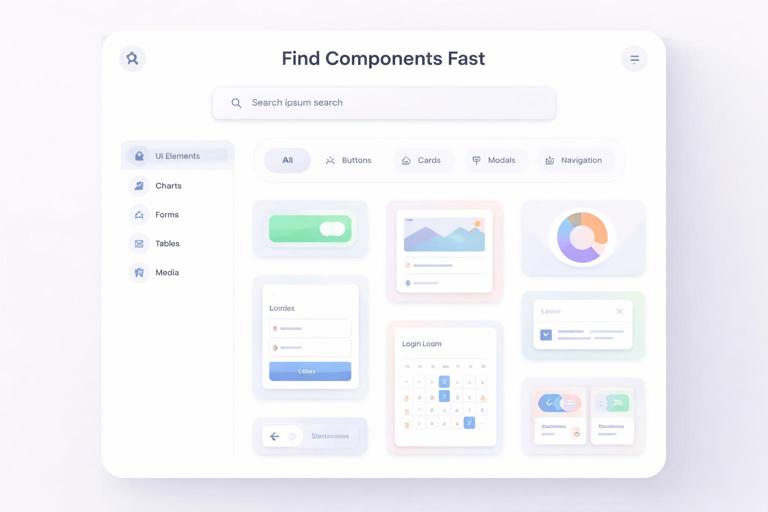 Illustration of a searchable component library interface with categories and a prominent search bar, showing quick discovery in under a minute; modern SaaS UI, clean layout, neutral palette, no small readable text.