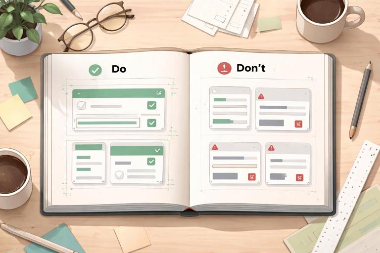 An editorial-style illustration of a modular brand playbook open on a desk, showing side-by-side Do and Don’t design panels with simple UI components, spacing guides, and checkmarks vs warning icons; clean modern office, neutral color palette, high clarity, flat + subtle 3D hybrid, no readable text