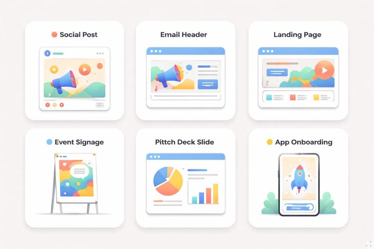 A clean infographic-style scene showing a grid of different marketing deliverables (social post, email header, landing page, event signage, pitch deck slide, app onboarding screen) arranged as modular cards; each card has simple shapes and icons, consistent brand system tokens, neutral background, no readable text