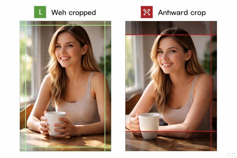 Side-by-side comparison layout: left panel shows a well-cropped lifestyle photo with clear subject and natural light; right panel shows an awkward crop cutting off limbs and looking staged; overlay UI frames and safe-area guides; clean instructional style, no readable text