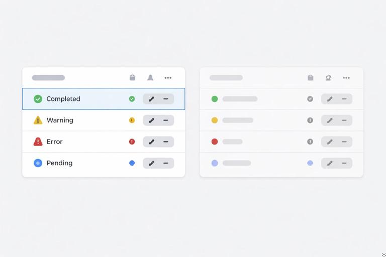 An accessibility-focused UI comparison: left shows high-contrast text, clear focus states, icons plus color indicators; right shows low-contrast text and color-only status; modern flat design, neutral palette with accessibility accent colors, no readable text