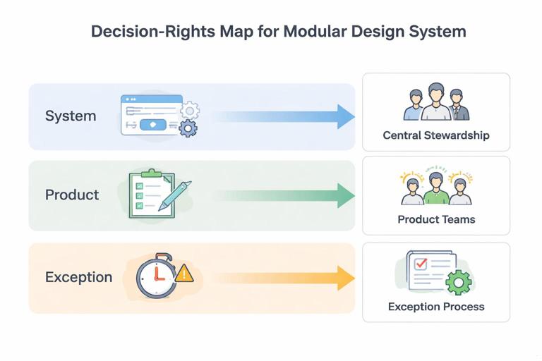 Illustration of a decision-rights map for a modular design system: three lanes labeled System, Product, Exception, with arrows to owners (central stewardship, product teams, exception process). Clean modern flat style, neutral corporate palette, clear icons for components, checklist, and timer.
