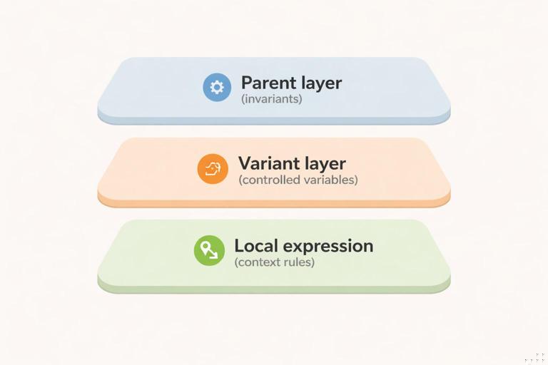 A clean infographic-style illustration showing three stacked layers labeled Parent layer (invariants), Variant layer (controlled variables), and Local expression (context rules). Minimal modern design, neutral background, subtle brand-like accent colors, clear typography, high contrast, flat vector style.
