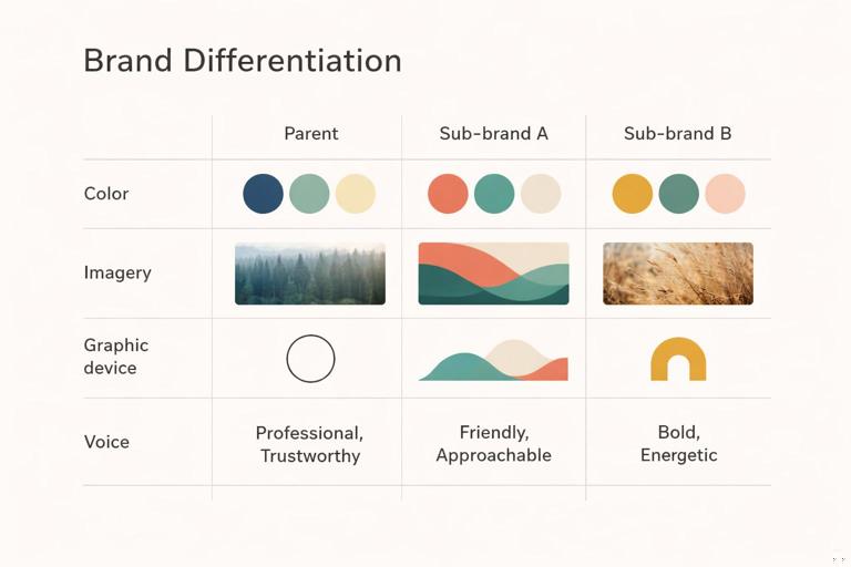 A neat matrix diagram for brand differentiation with rows like Color, Imagery, Graphic device, Voice and columns for Parent, Sub-brand A, Sub-brand B. Minimal editorial design, clear grid, modern typography, muted palette with a few accent swatches, white background.