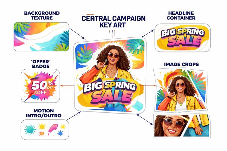 A visual diagram showing a central campaign key art breaking into five reusable components: background texture, headline container, offer badge, image crops, motion intro/outro. Clean vector style, labeled callouts, modern marketing design aesthetic, white background with bold accent colors.