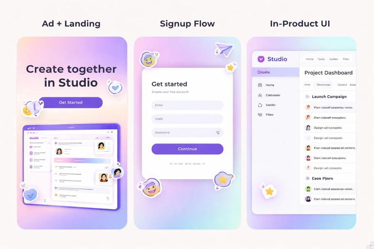 A storyboard-style illustration in three panels: Ad + landing, Signup flow, In-product UI. Show a sub-brand called Studio with an accent color, plus a campaign gradient and sticker badges that gradually reduce from marketing to UI. Clean modern UI mockups, minimal text labels, consistent visual language.