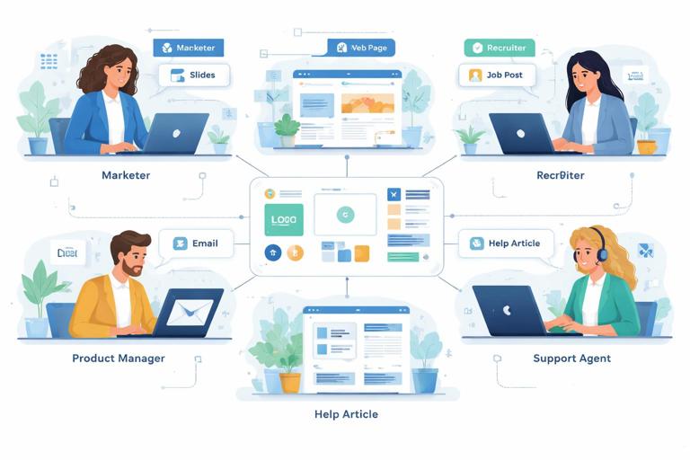 Illustration of a modern workplace with multiple non-designer roles (marketer, salesperson, recruiter, product manager, support agent) each creating different brand materials (slides, web page, email, job post, help article) on laptops, all connected by a shared modular brand system grid; clean flat vector style, cohesive color palette, professional and friendly.