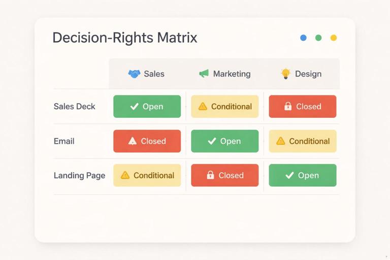 A clear decision-rights matrix infographic: rows are common deliverables (sales deck, email, landing page), columns are roles (Sales, Marketing, Design), with cells labeled Open, Conditional, Closed; minimal modern UI style, high readability, neutral background, brand-system aesthetic.