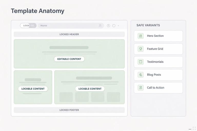 Diagram of a template anatomy: a page layout showing locked header/footer and grid, with highlighted editable content zones and a sidebar listing safe variants; clean product UI mockup style, muted colors, clear labels, brand-system look.