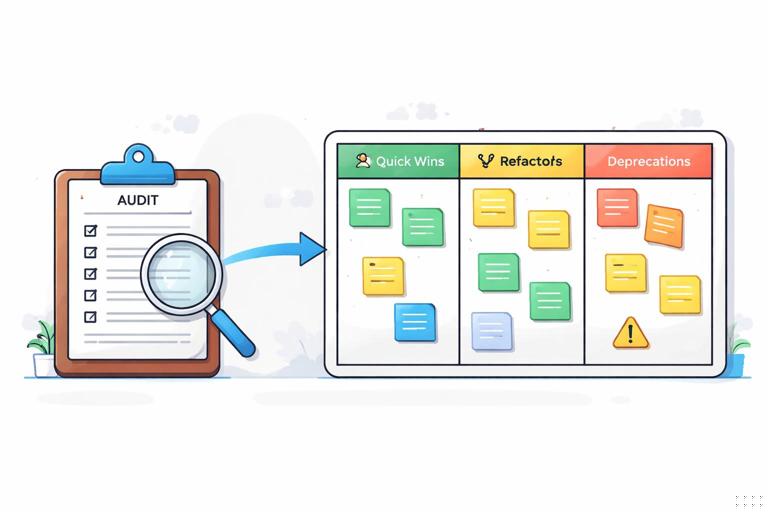 Visual metaphor of an audit turning into an actionable backlog: a clipboard or checklist feeding into a kanban board with cards labeled Quick wins, Refactors, Deprecations; clean modern flat illustration, design system colors, minimal workspace background.