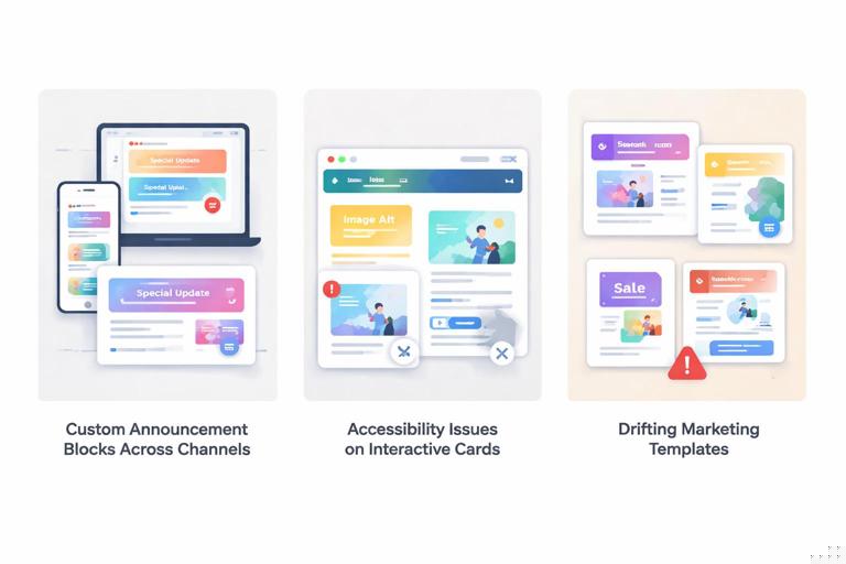 Storyboard-style illustration showing three recurring audit issues: custom announcement blocks across channels, accessibility problems on interactive cards, and drifting marketing templates; modern design system UI thumbnails, clean vector style, neutral background with labeled callouts.