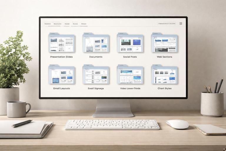 A clean, modern workspace scene showing a modular brand system template library: thumbnails for presentation slides, documents, social posts, web sections, email layouts, event signage, video lower-thirds, and chart styles arranged in organized folders; neutral corporate aesthetic, soft lighting, high clarity, no visible logos or real brand names.